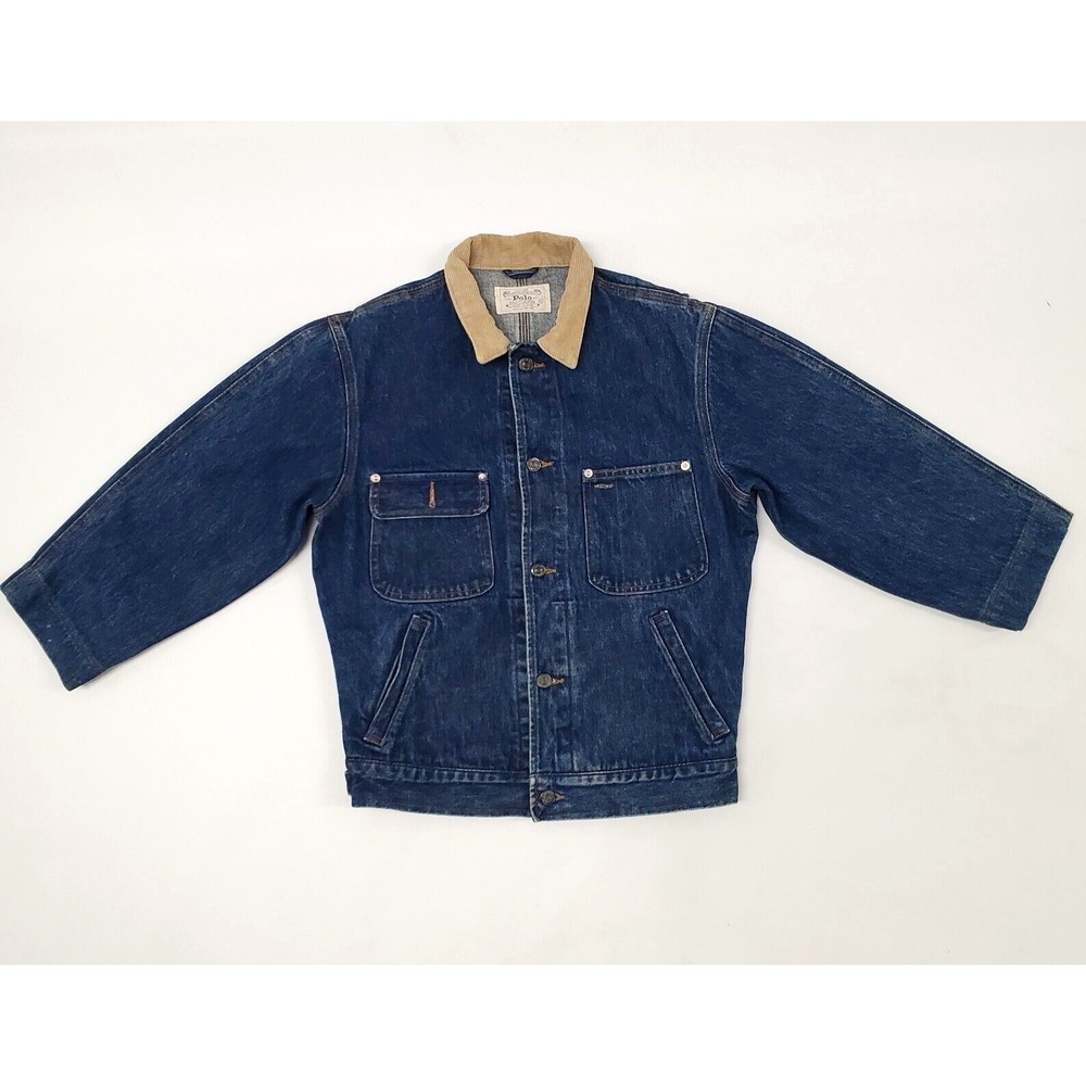 Vintage Polo Ralph Lauren Denim Trucker Dungarees Jacket Corduroy Collar XL USA